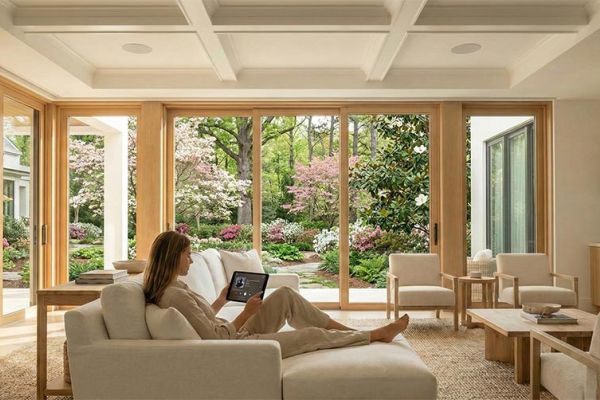 Woman using a tablet on a white sofa in a bright living room with garden views
